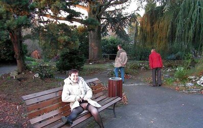Cocksluts upskirt and bare on benches