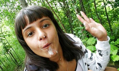 Pick up doll guzzling spunk in the woods