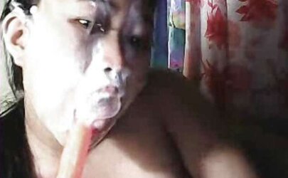 Bangkok teenager sloppy face faux-cock display on webcam