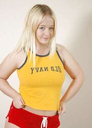 Chubby platinum-blonde getting out of her cut-offs and t-tee-shirt