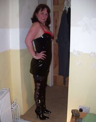 Mega-Bitch wifey Deb in pvc sundress footwear and ebony tights
