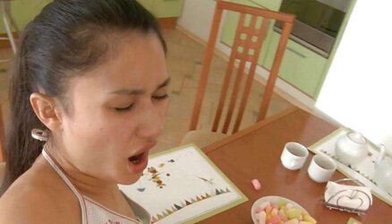 Asian Kazakh Woman Porks In The Kitchen With Russian Boy