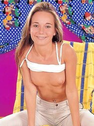Blond Sandy tugging with her blue fake penis