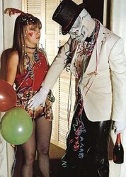 Vintage ash-blonde having bang-out with dude clad as skeleton