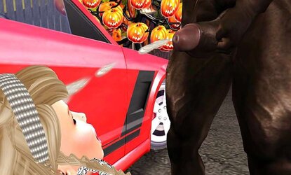 Ash-Blonde German Barbie Pummels Massive Dark-Hued Man Rod On Car In Public