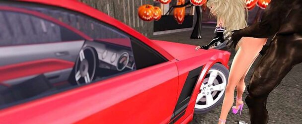 Ash-Blonde German Barbie Pummels Massive Dark-Hued Man Rod On Car In Public