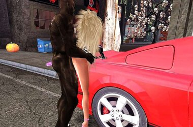 Ash-Blonde German Barbie Pummels Massive Dark-Hued Man Rod On Car In Public