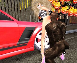 Ash-Blonde German Barbie Pummels Massive Dark-Hued Man Rod On Car In Public