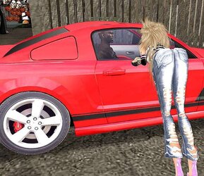 Ash-Blonde German Barbie Pummels Massive Dark-Hued Man Rod On Car In Public