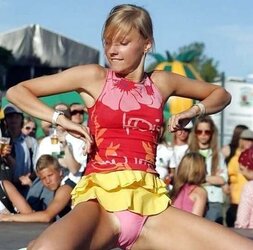 Up mini-skirt, no thong, downblouse mix up three (Camaster)