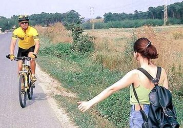 Brown-Haired meets a bike rider and drills him