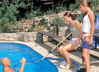 2 adorable ladies pounding the shaven poolguy