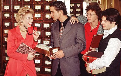 Nasty platinum-blonde getting trio knobs in a library