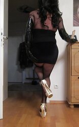 Lovely tiny high-heeled slippers and nylon chick eyeing for penis