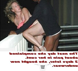 White chicks enjoy ebony schlong trio with captions