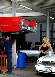 Warm ash-blonde being crazy with her mechanic