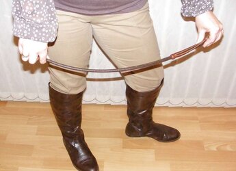 Jodhpurs, footwear and railing whip