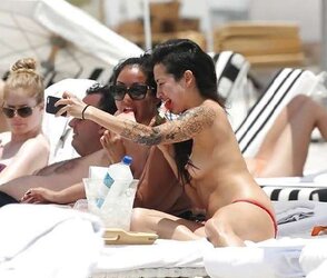 Kiara Mia and Her Buddy Bra-Less on the Beach in Miami