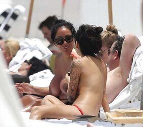 Kiara Mia and Her Buddy Bra-Less on the Beach in Miami
