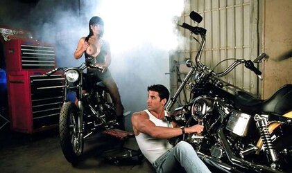 Dark Haired and her boy having joy in the workshed