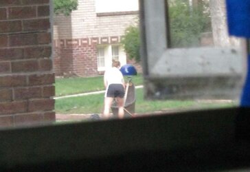 Neighbors displaying off, doing yardwork in skirts (original)