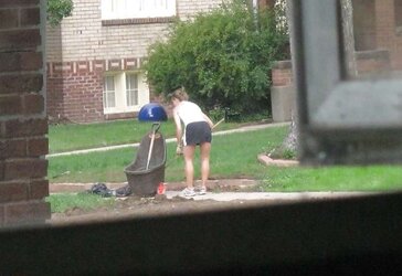 Neighbors displaying off, doing yardwork in skirts (original)