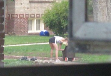 Neighbors displaying off, doing yardwork in skirts (original)