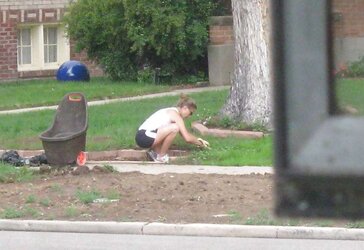 Neighbors displaying off, doing yardwork in skirts (original)