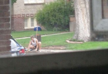 Neighbors displaying off, doing yardwork in skirts (original)