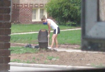 Neighbors displaying off, doing yardwork in skirts (original)